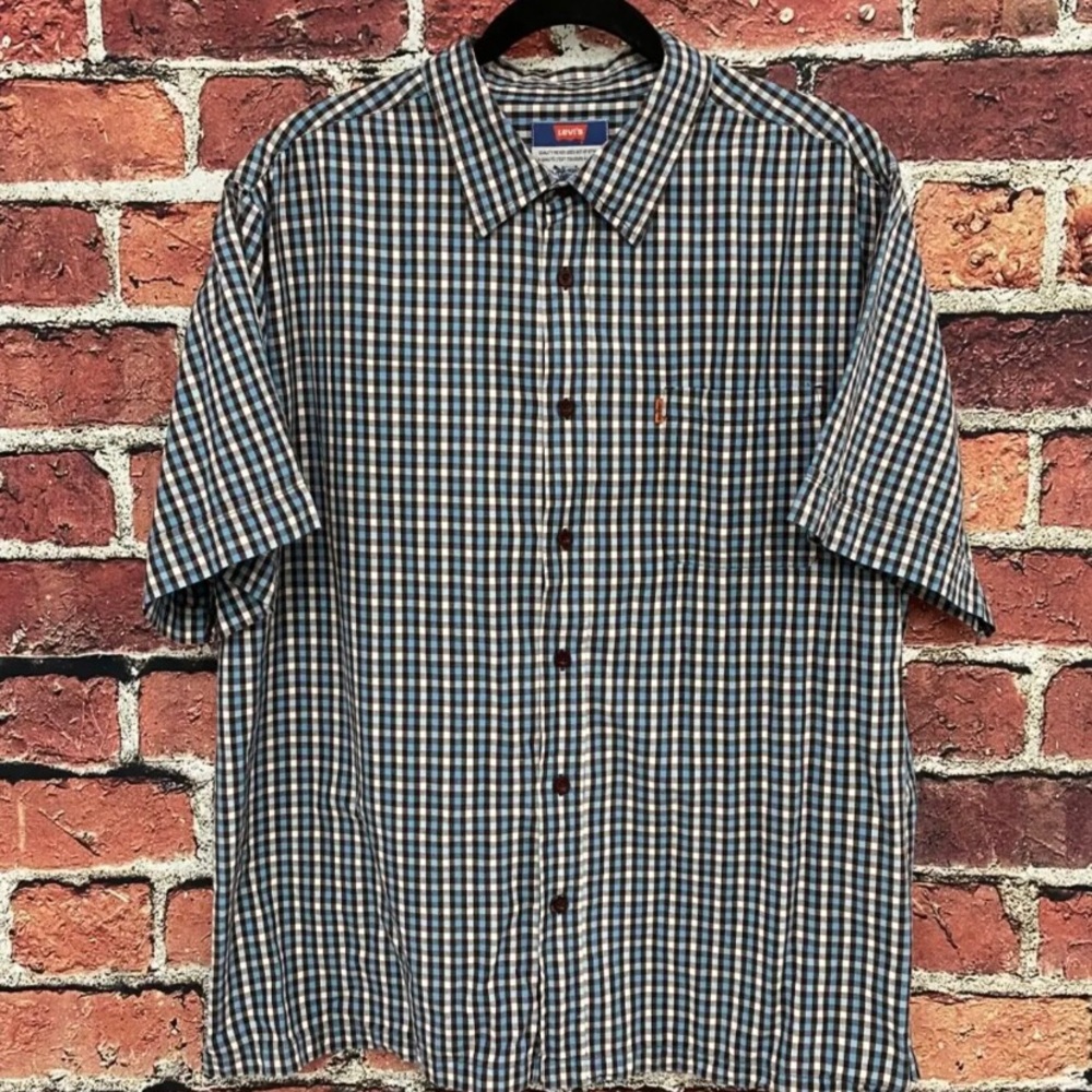 Vintage Levi's Shirt Men Extra Large XL Blue Button-Down Checkered Orange Tab